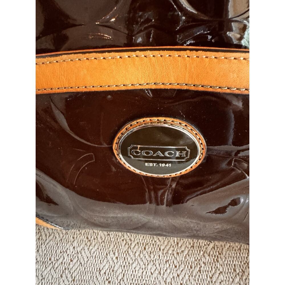 Patent Leather Coach Peyton Signature Embossed Satchel Brown/Tan F20065 - Picture 3 of 13